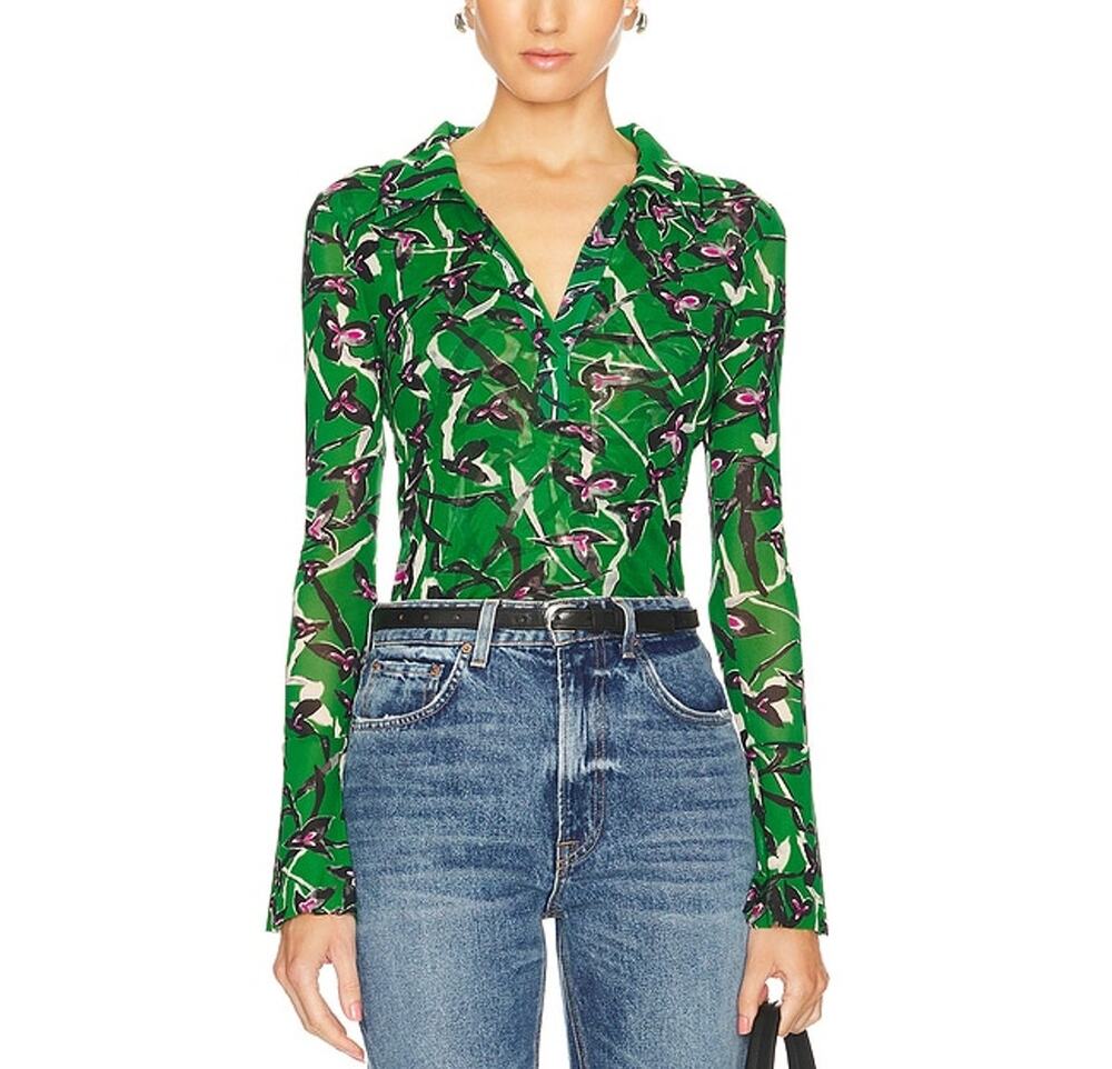 Diane Von Furstenberg Floral Green Mackenzie Top Blouse Size S